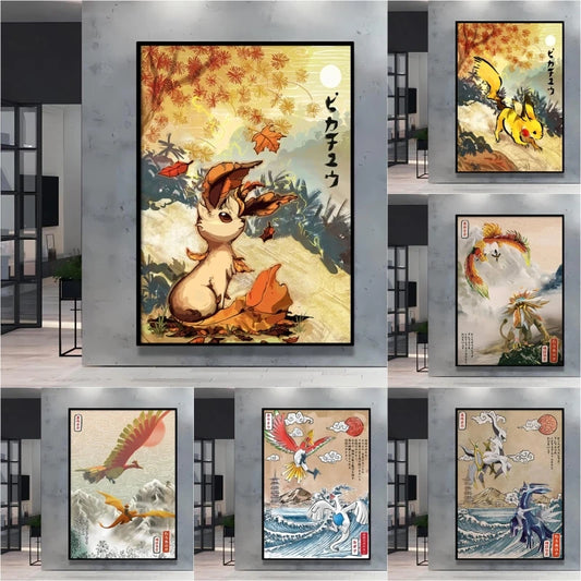 Anime Pokemon - Themed Decorative Painting Autumn Eevee and Pikachu Anime Character Wall Art Home Decor for Living Room