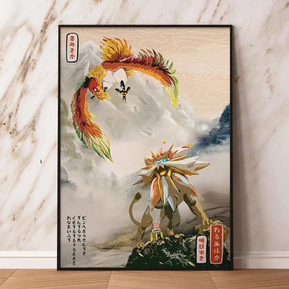 Anime Pokemon - Themed Decorative Painting Autumn Eevee and Pikachu Anime Character Wall Art Home Decor for Living Room