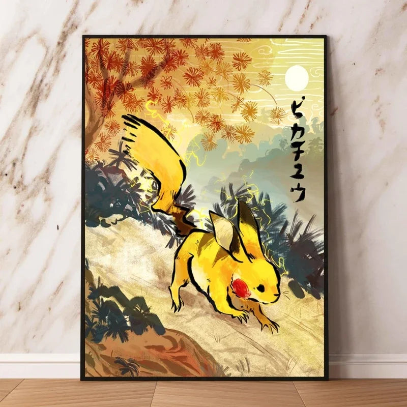 Anime Pokemon - Themed Decorative Painting Autumn Eevee and Pikachu Anime Character Wall Art Home Decor for Living Room