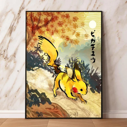 Anime Pokemon - Themed Decorative Painting Autumn Eevee and Pikachu Anime Character Wall Art Home Decor for Living Room