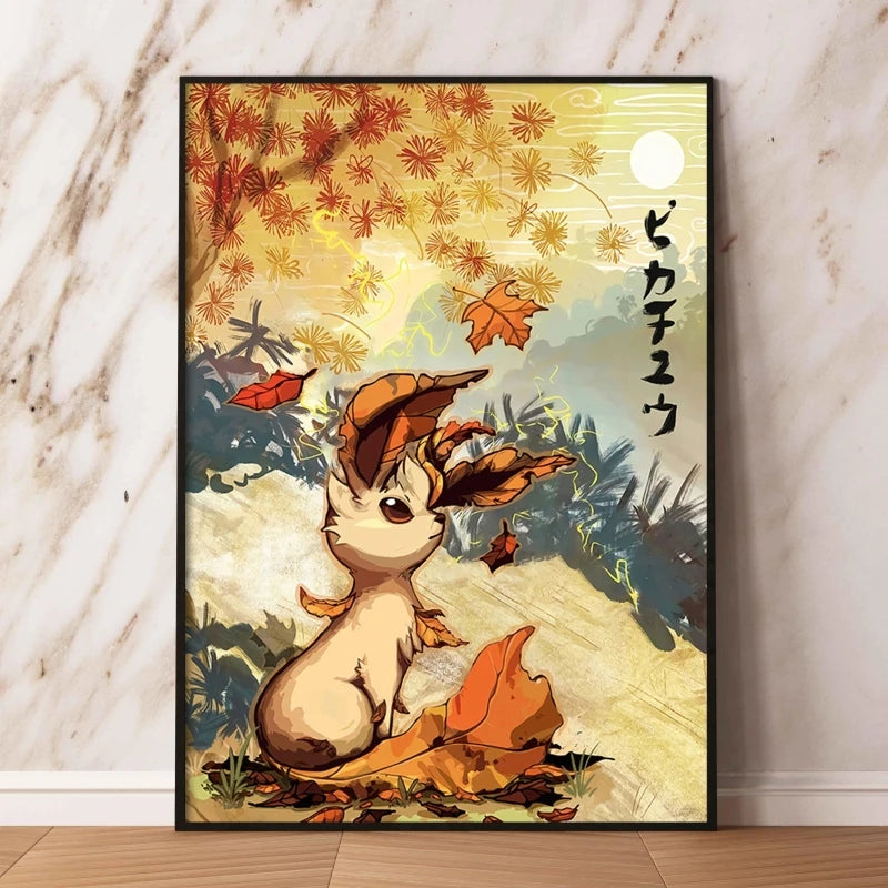 Anime Pokemon - Themed Decorative Painting Autumn Eevee and Pikachu Anime Character Wall Art Home Decor for Living Room